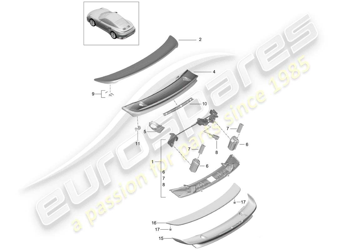 porsche 991 turbo (2016) rear spoiler parts diagram