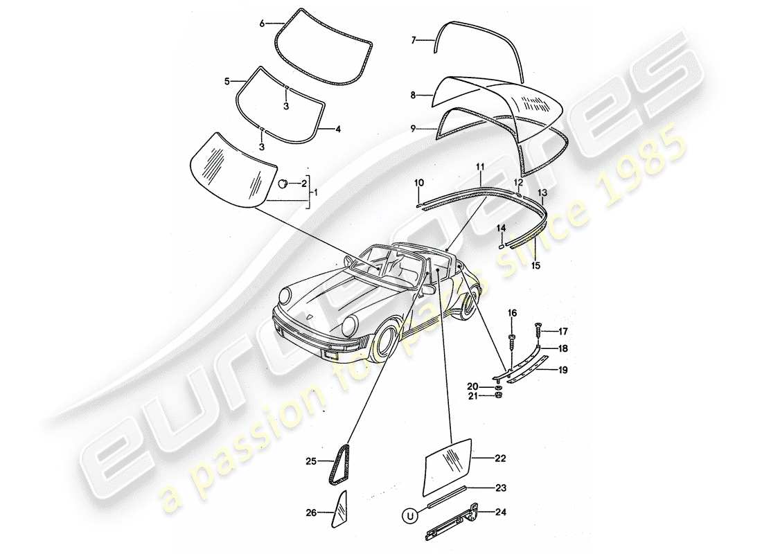 porsche 911 (1989) window glazing part diagram