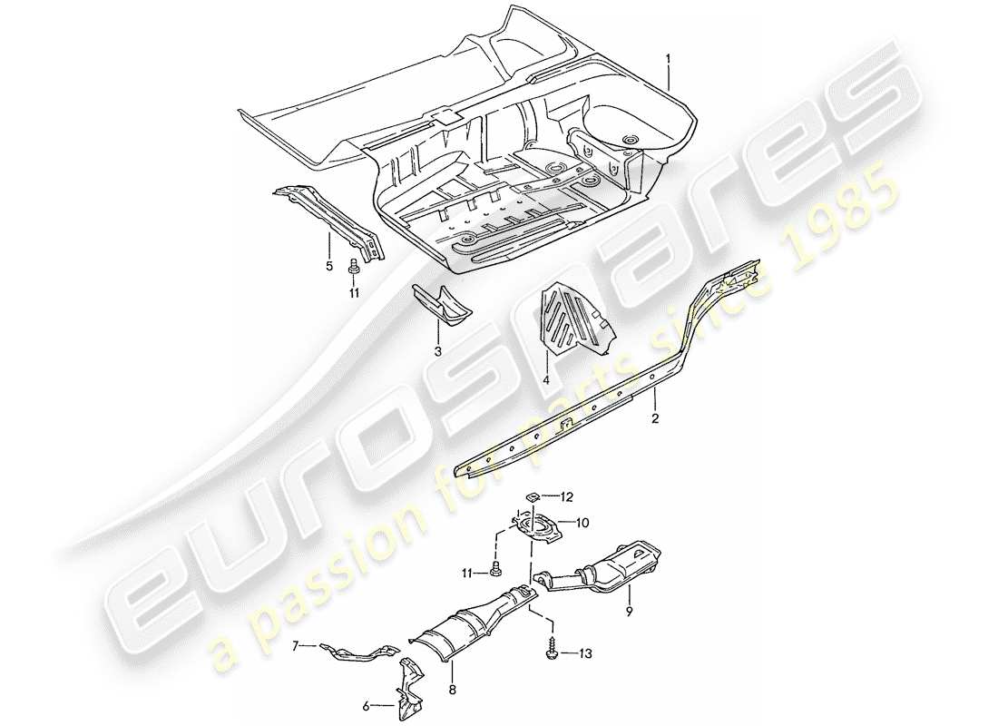 porsche 928 (1988) floor pan - frame parts diagram