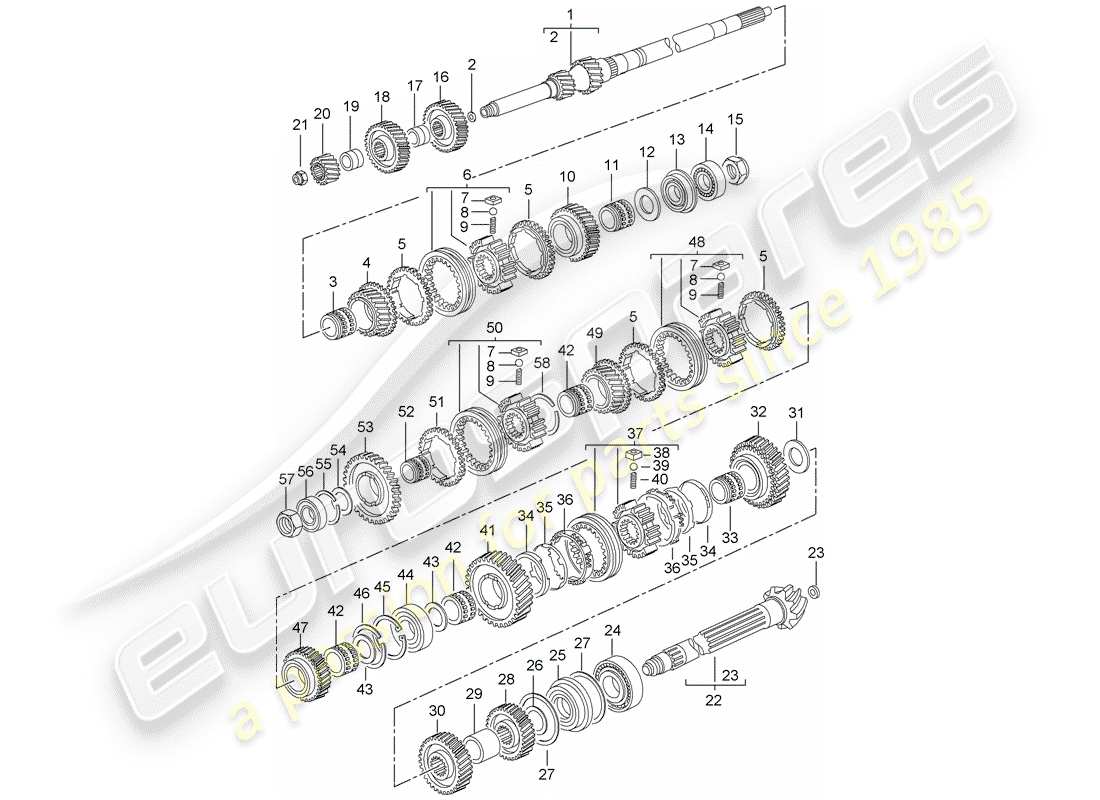 porsche 997 t/gt2 (2007) gears and shafts parts diagram