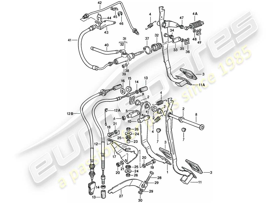 porsche 924 (1979) brake and clutch pedals - cluster parts diagram