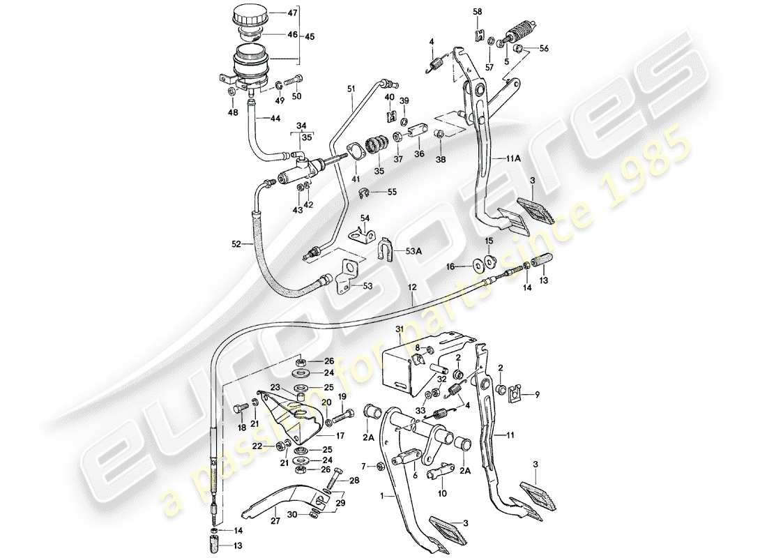 porsche 924 (1984) brake and clutch pedals - cluster part diagram