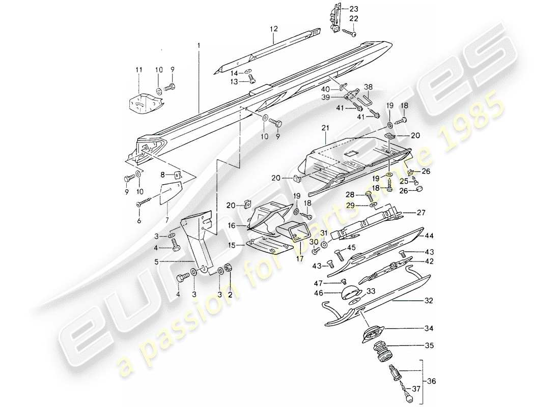 porsche 964 (1991) knee pad trim - airbag - for vehicles with - glove box lid - catch part diagram