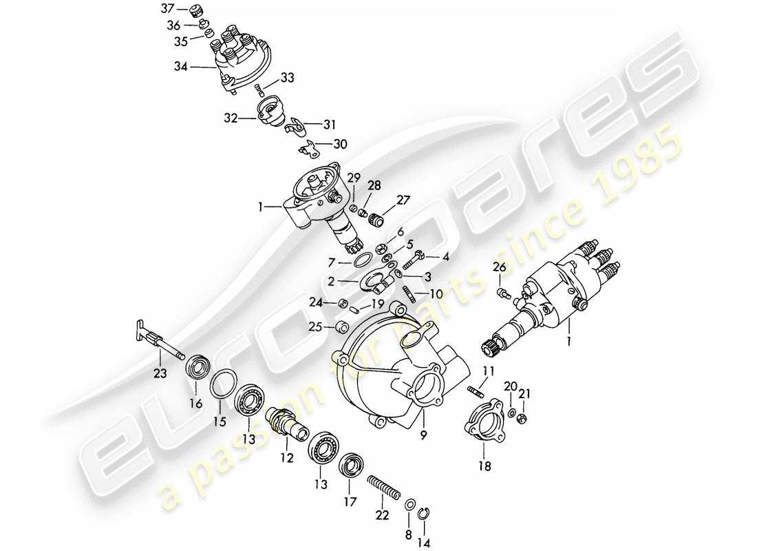 porsche 356b/356c (1961) distributor - driving mechanism part diagram