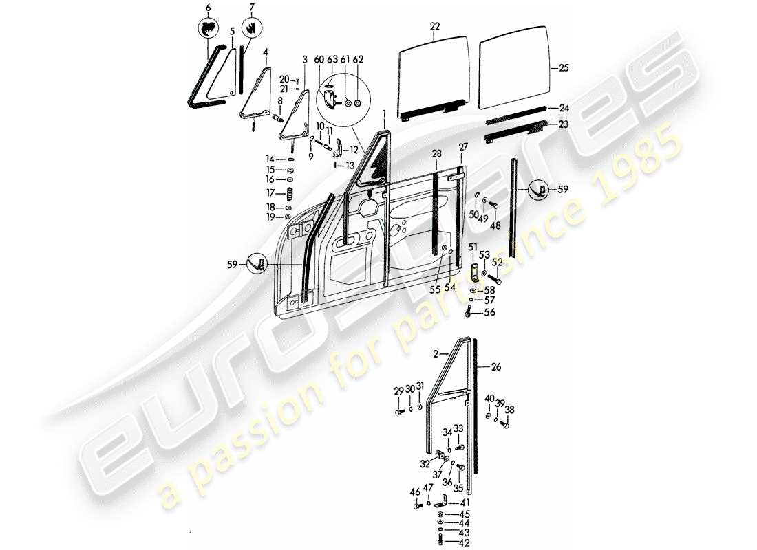 porsche 356b/356c (1961) window frame - side window - door window - glass channel - door window part diagram