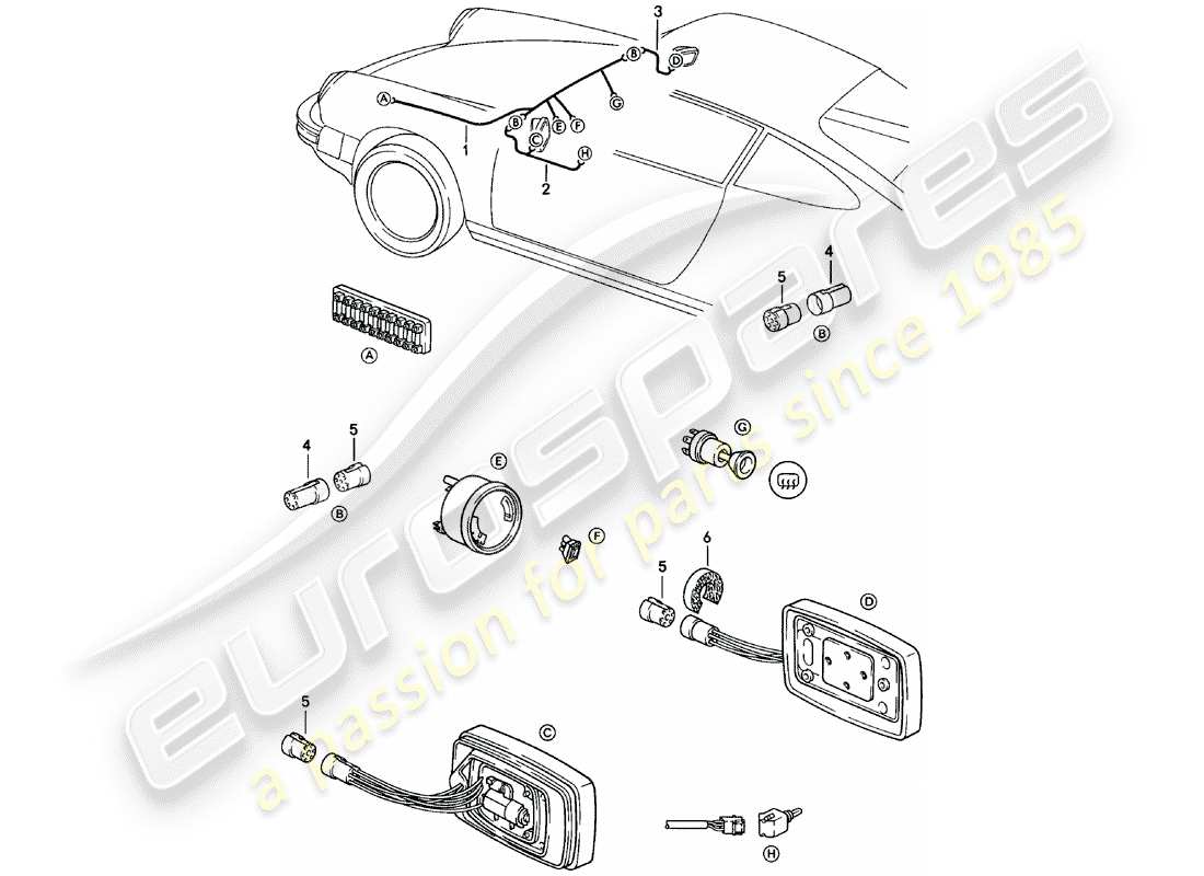 porsche 911 (1983) wiring harnesses - rear view mirror parts diagram