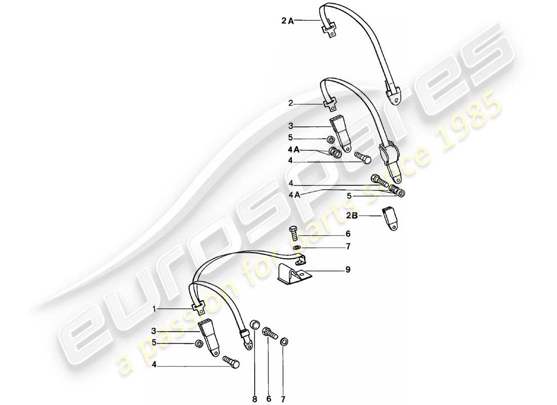 porsche 911 (1983) seat belt parts diagram