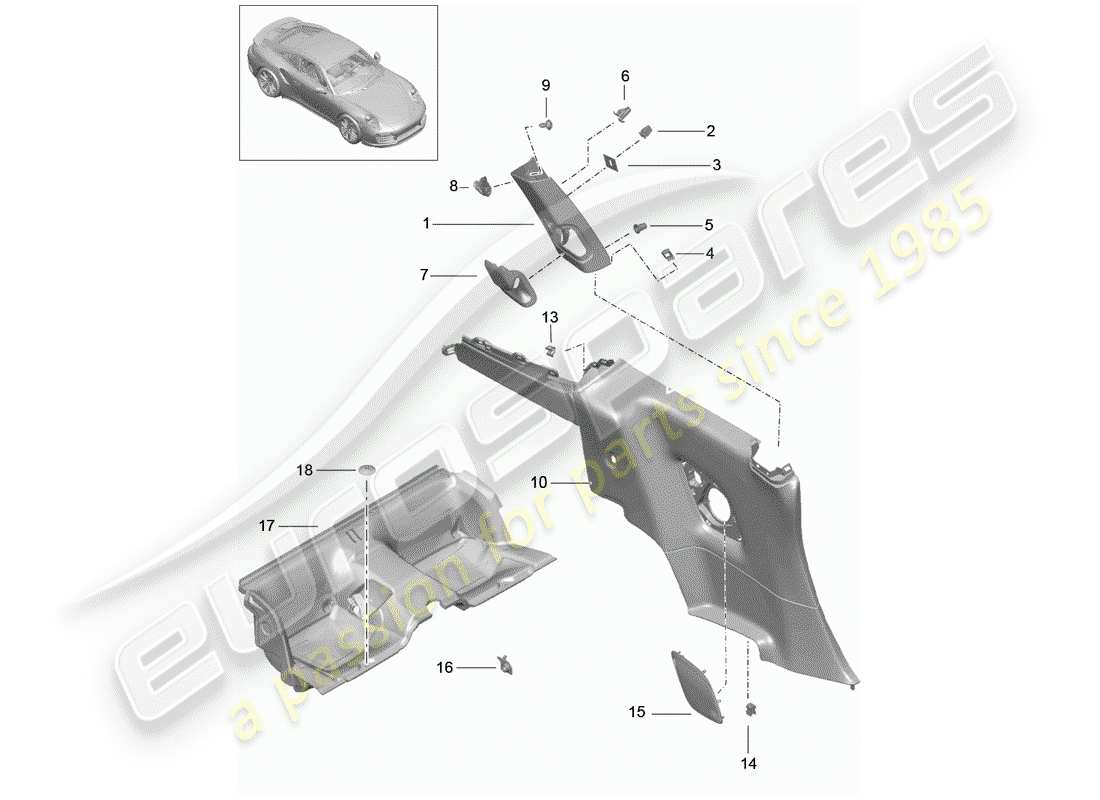 porsche 991 turbo (2014) quarter trim panel parts diagram