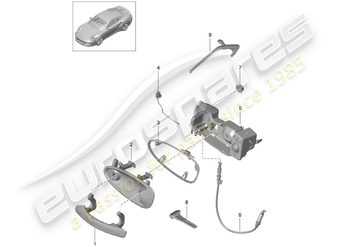 porsche 991 turbo (2019) door handle, outer part diagram