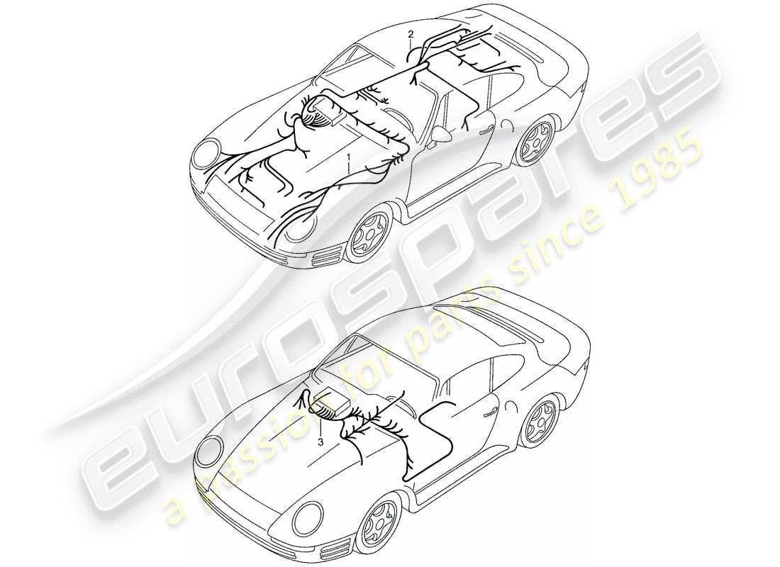 porsche 959 (1987) wiring harnesses - front luggage compartment - dashboard - rear end part diagram