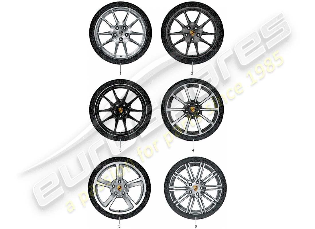 porsche tequipment 98x/99x (2016) 1 set aluminium rims with part diagram