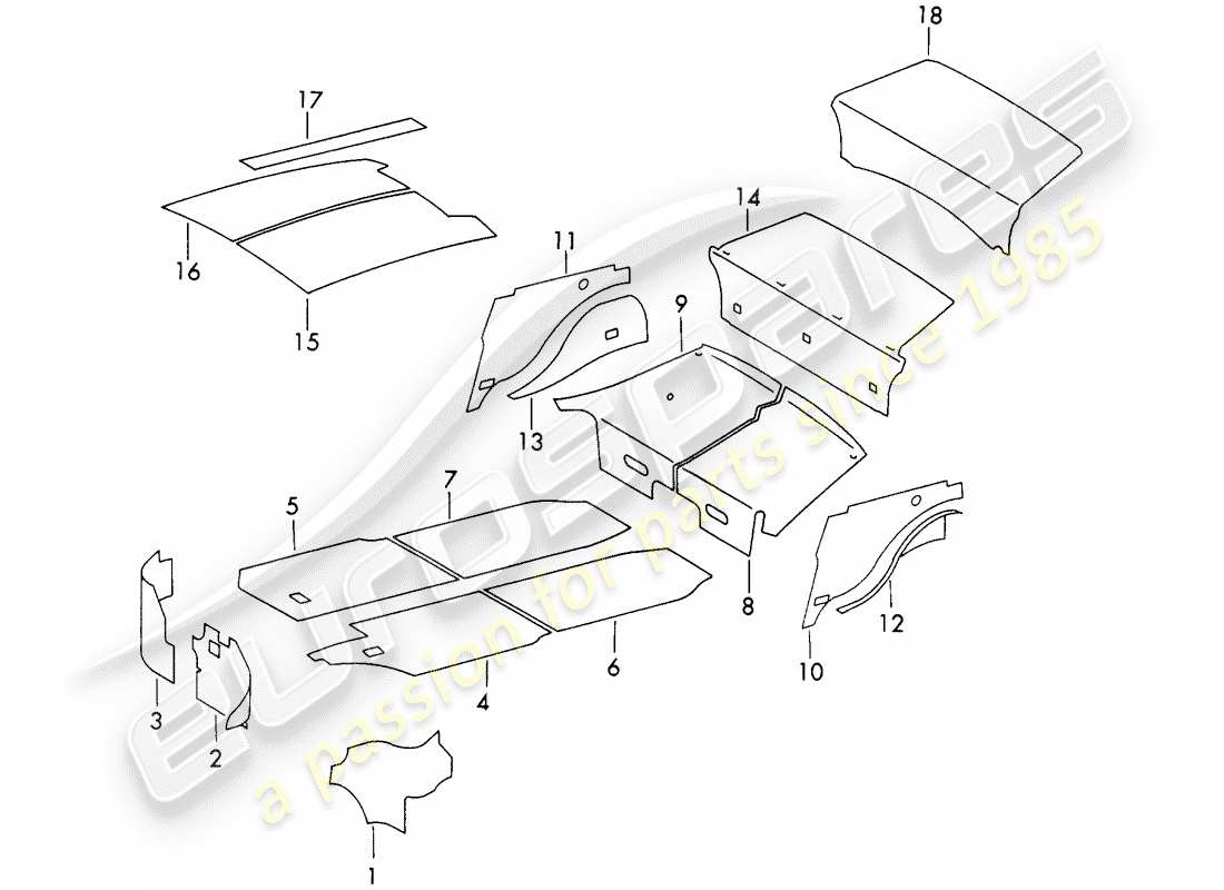 porsche 911 (1973) body shell - sound absorber part diagram