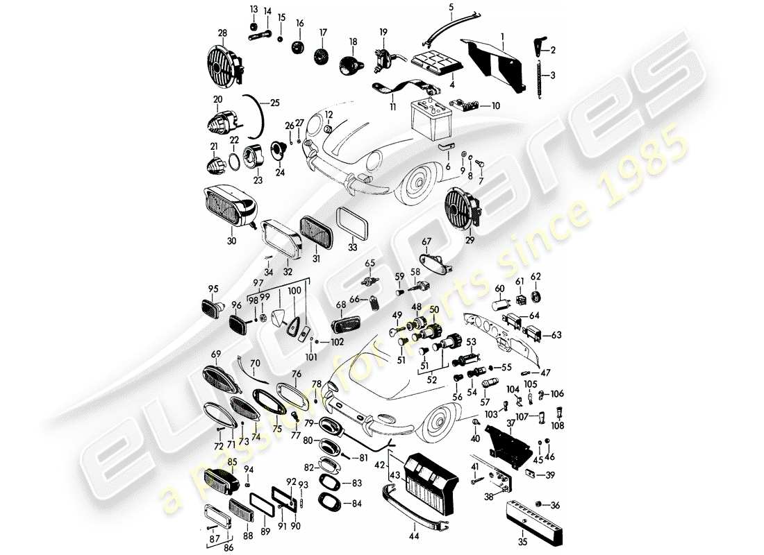 porsche 356b/356c (1961) headlamp - and - switch - battery part diagram