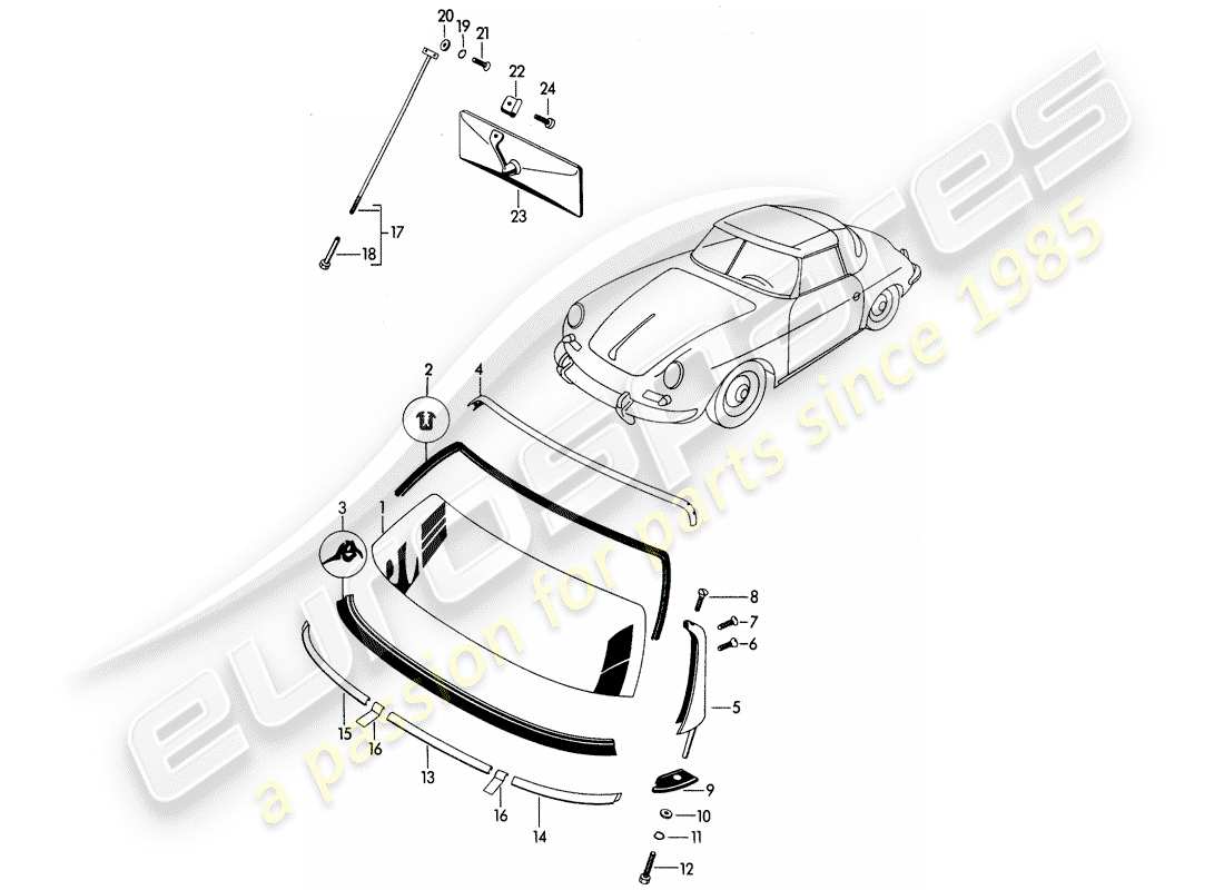 porsche 356b/356c (1960) window glazing part diagram