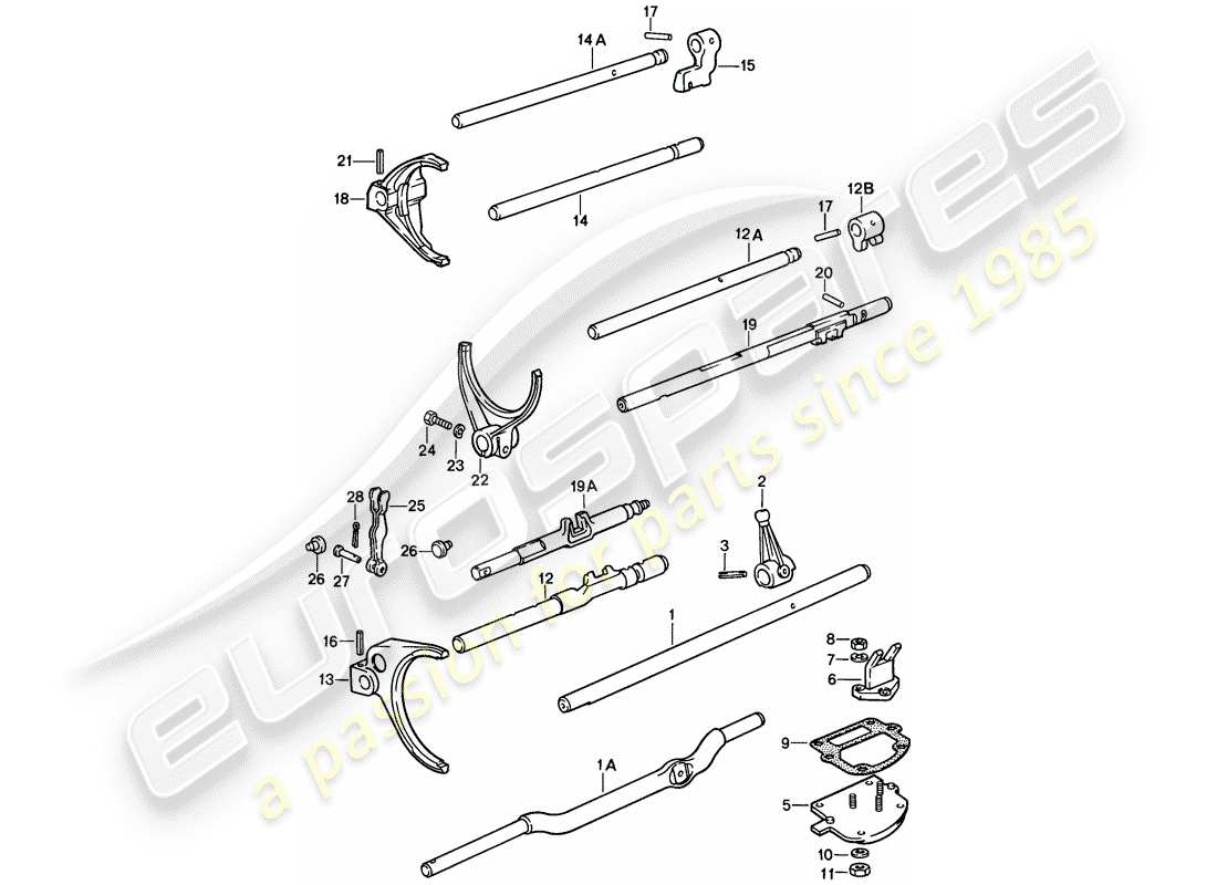 porsche 911 (1987) shift rods - shift forks - for - 4-speed - and - 5-speed part diagram