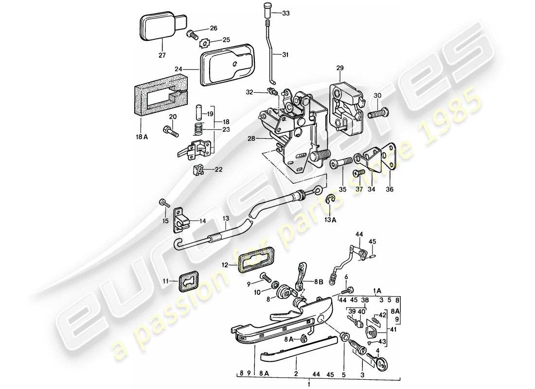 porsche 924s (1988) door handle, outer - door latch part diagram