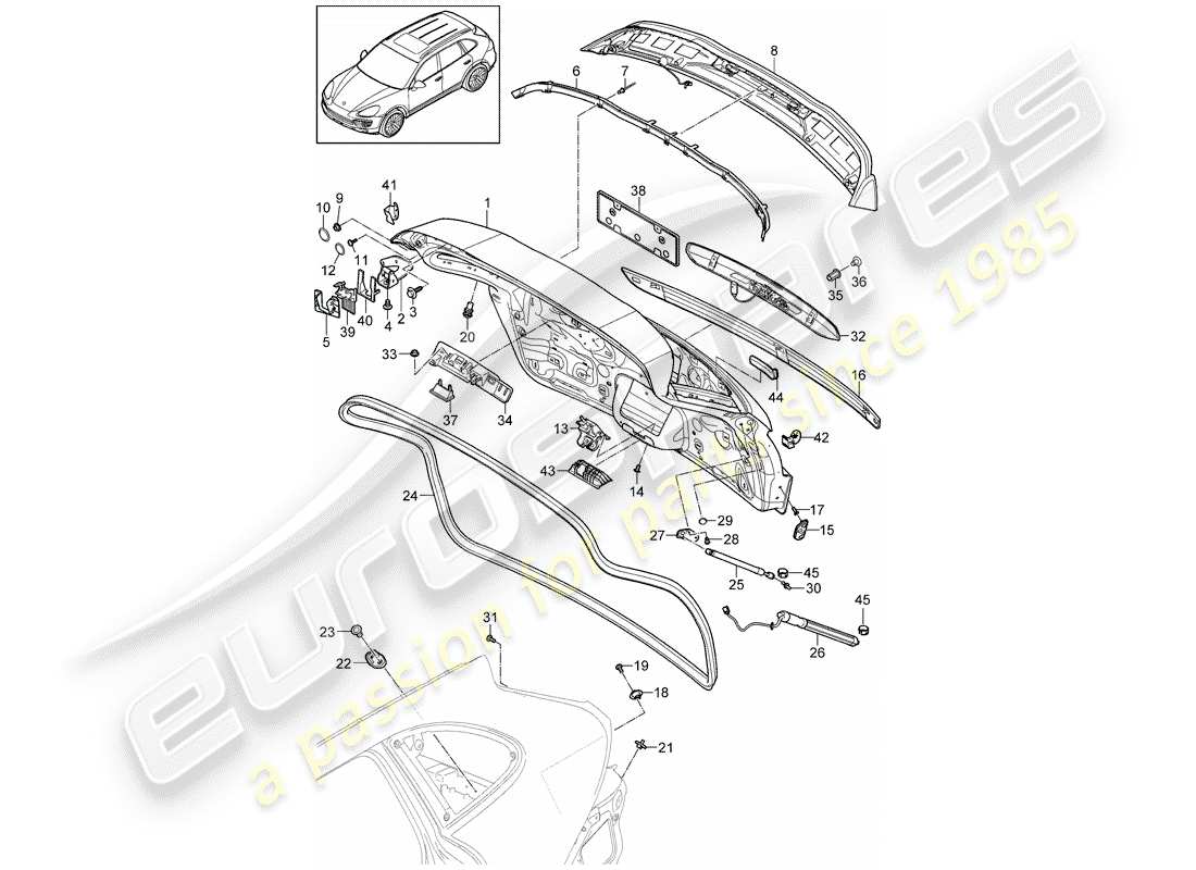 porsche cayenne e2 (2018) rear trunk lid part diagram