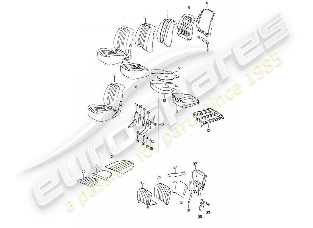 porsche 356b/356c (1961) front seat - and - emergency seat part diagram