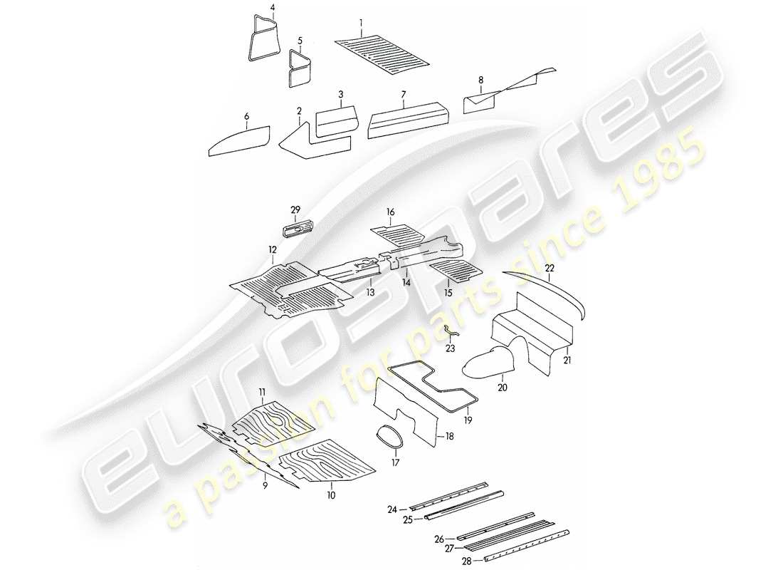 porsche 356/356a (1951) trims - footwell parts diagram