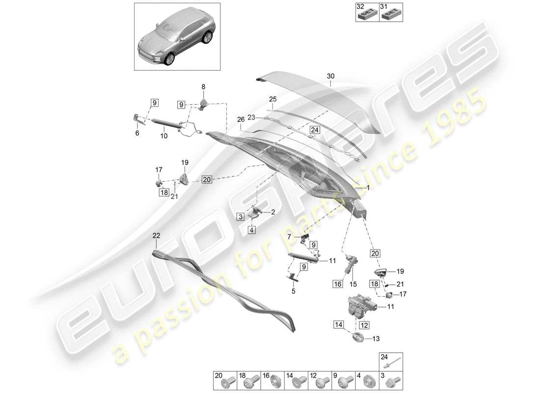 porsche macan (2020) rear trunk lid part diagram