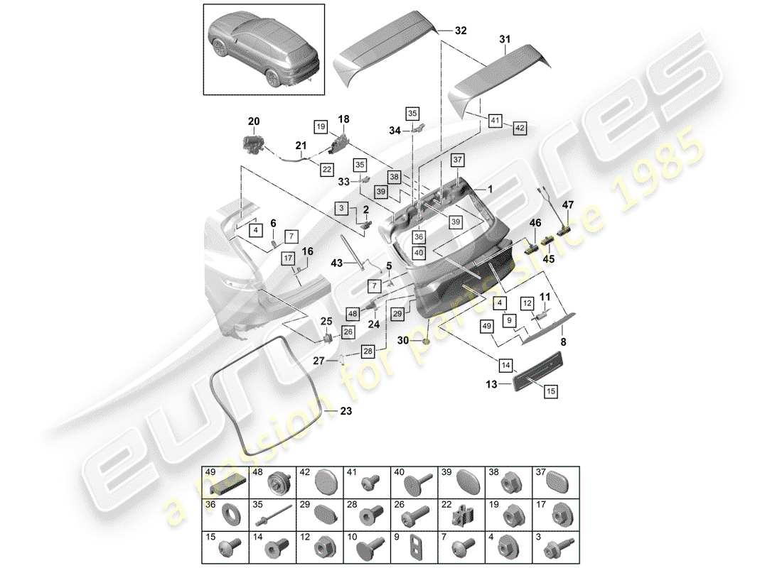 porsche cayenne e3 (2018) rear trunk lid parts diagram