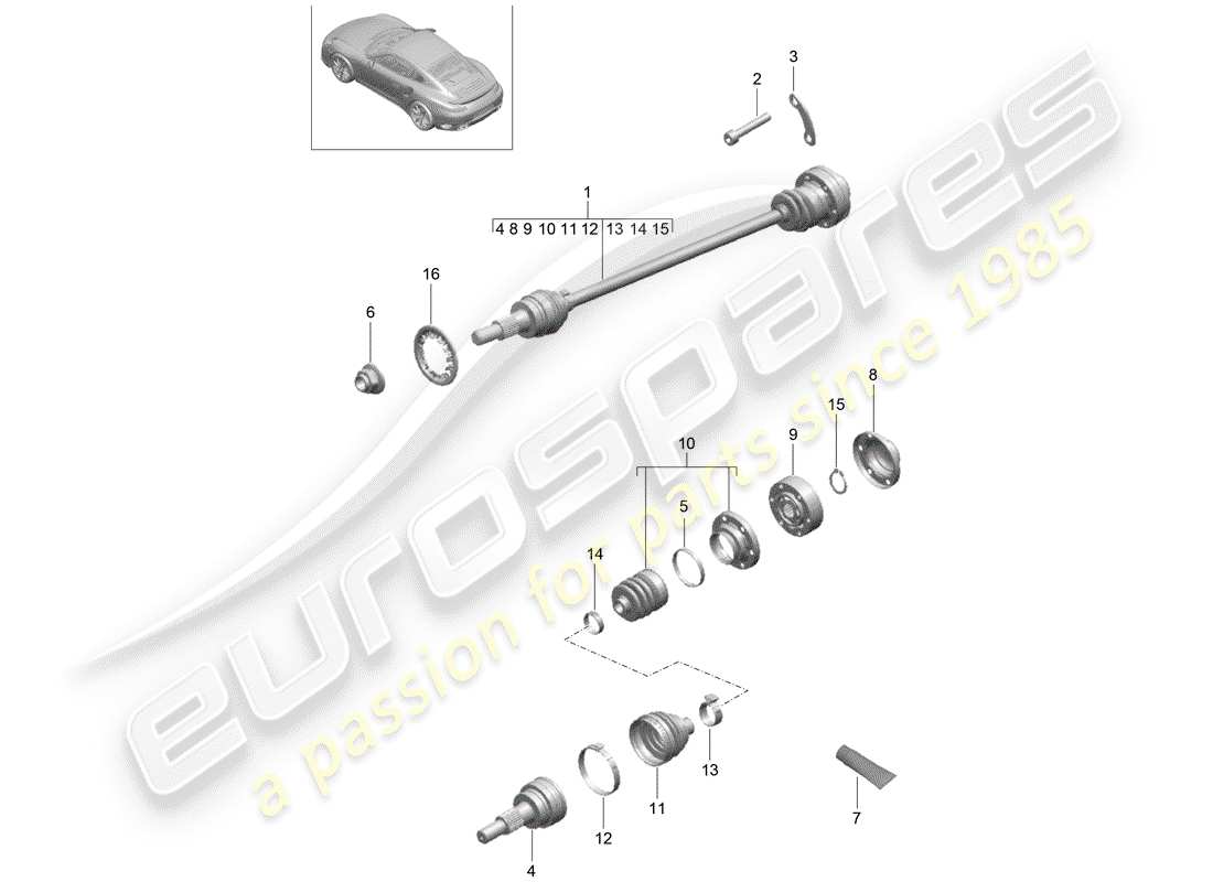 porsche 991 t/gt2rs drive shaft part diagram