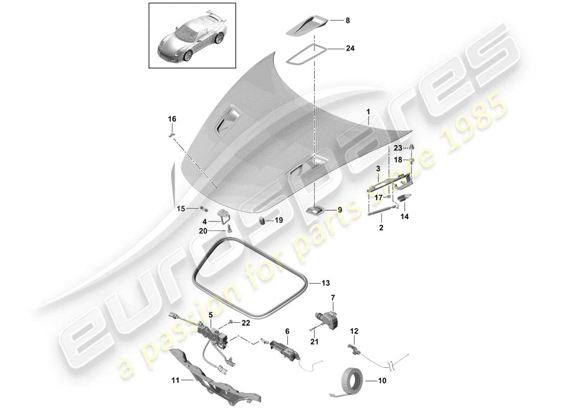 porsche 991r/gt3/rs (2019) hood part diagram