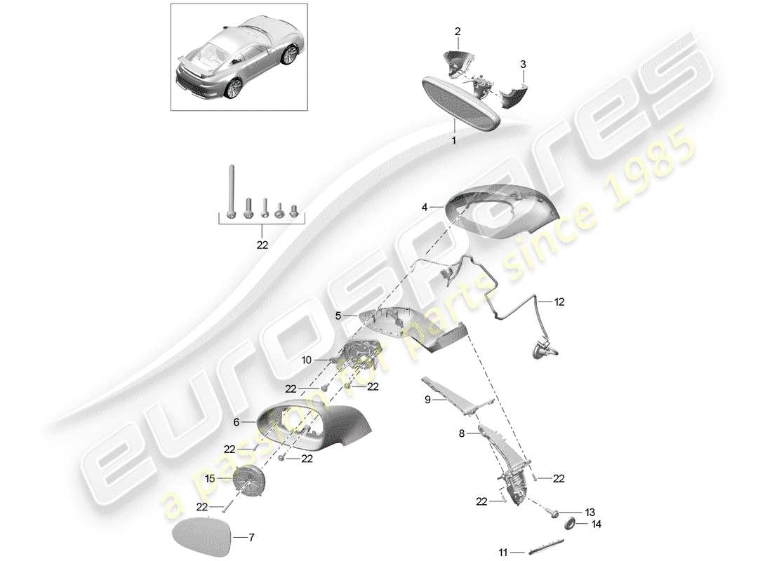 porsche 991r/gt3/rs (2019) rear view mirror inner part diagram