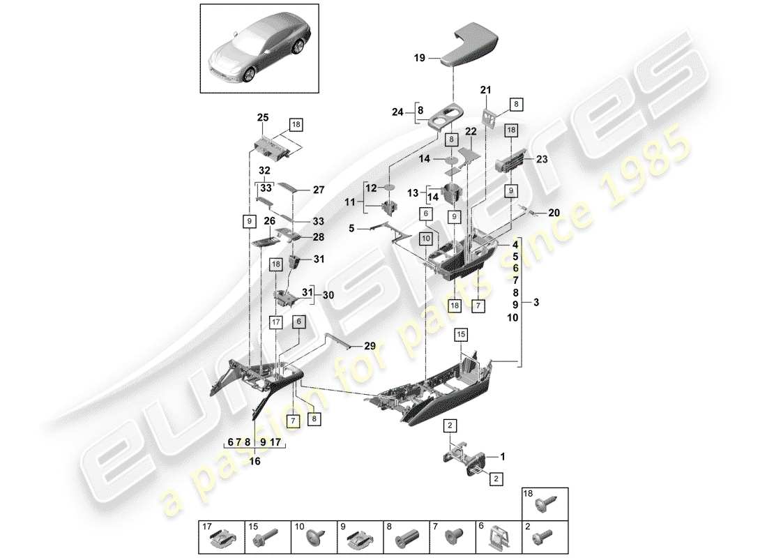porsche panamera 971 (2020) center console part diagram