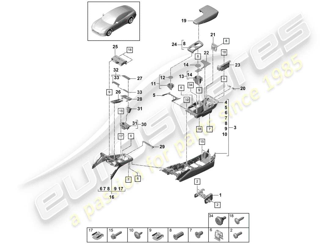 porsche panamera 971 (2019) center console parts diagram