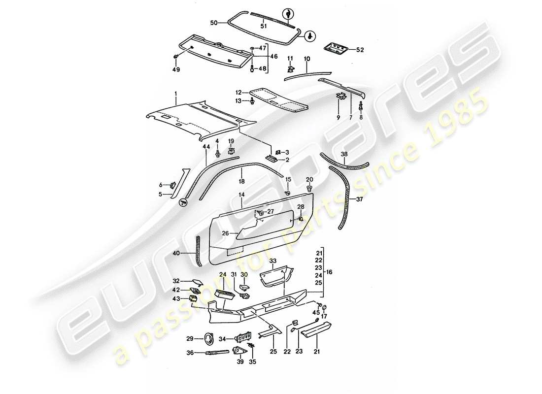 porsche 928 (1992) door panel - roof trim panel parts diagram