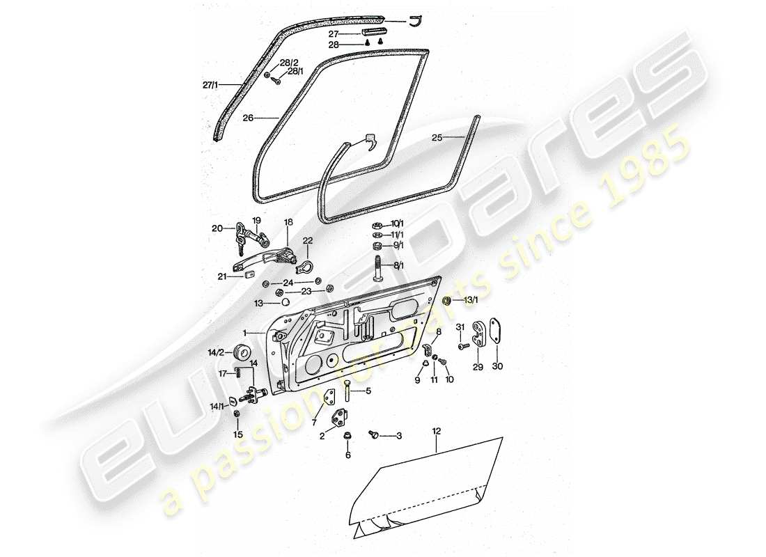 porsche 911 turbo (1977) door - with installation parts part diagram