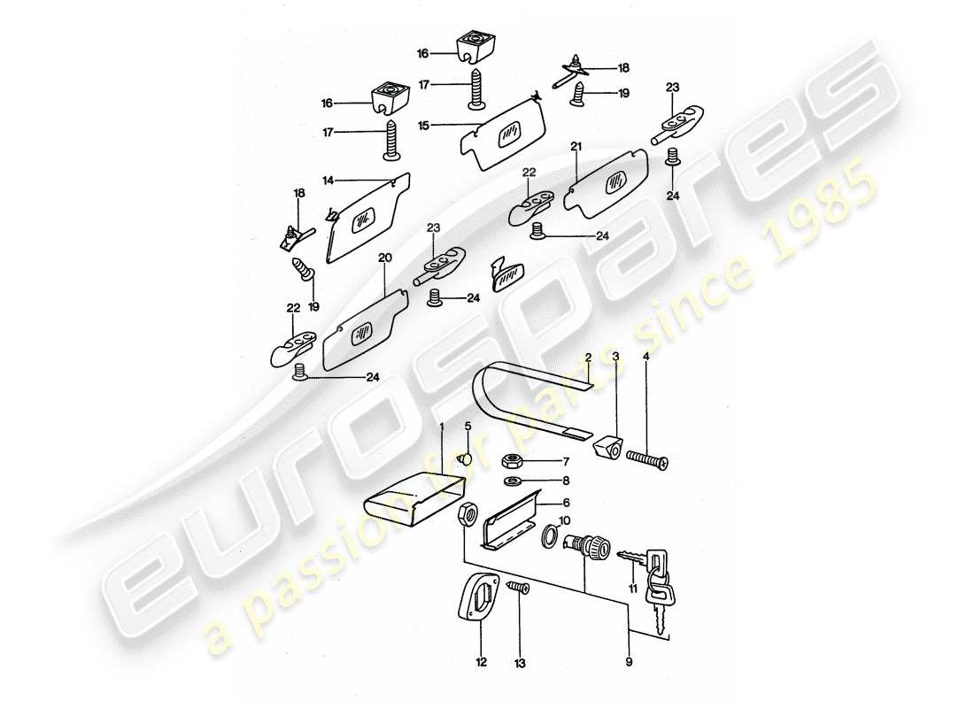 porsche 911 turbo (1977) glove box - sun vizor part diagram