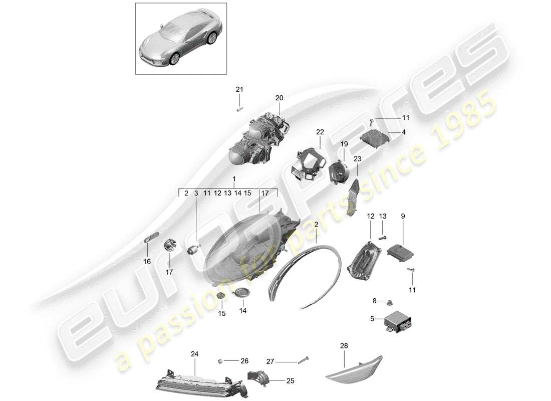 porsche 991 turbo (2014) headlamp parts diagram