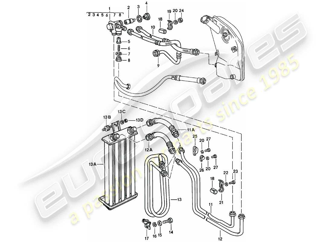 porsche 911 (1982) engine lubrication - radiator coil parts diagram