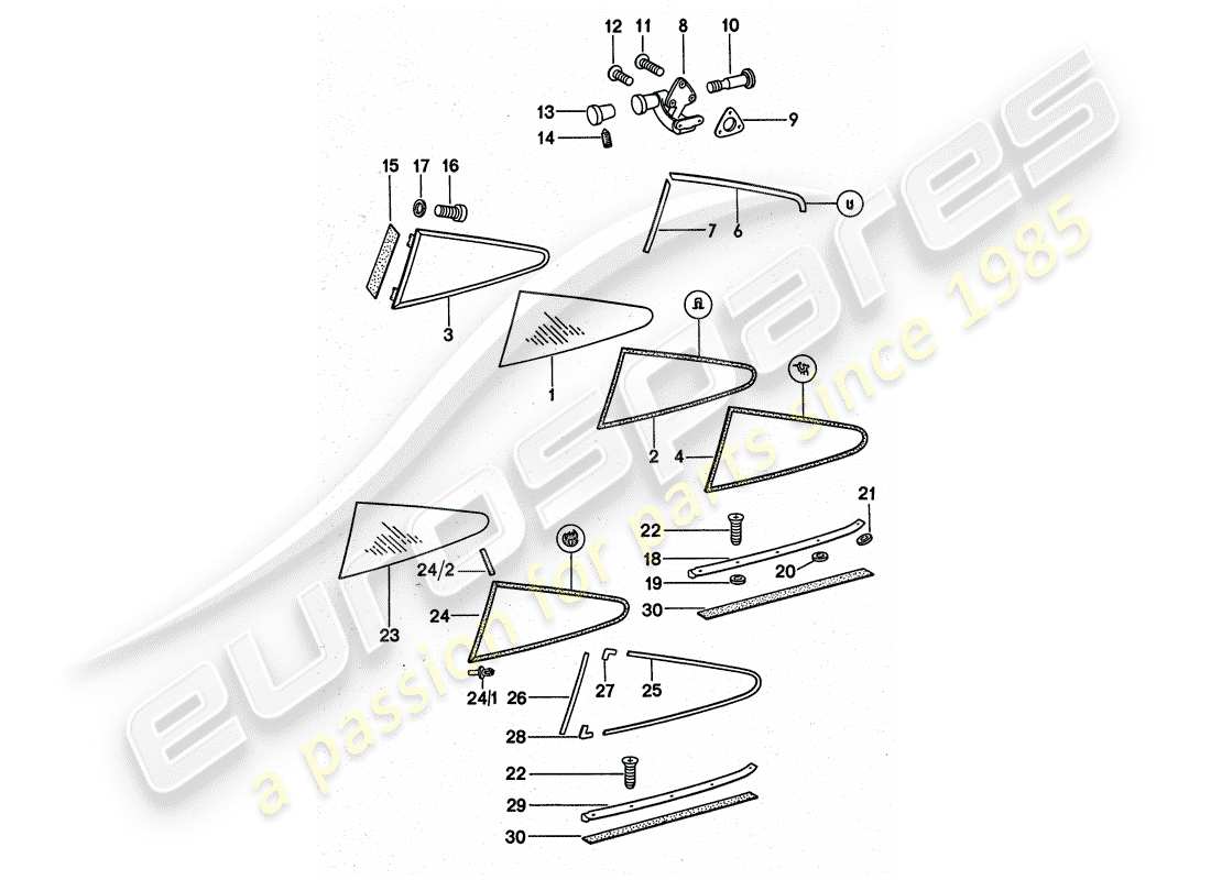 porsche 911 turbo (1977) window glazing part diagram