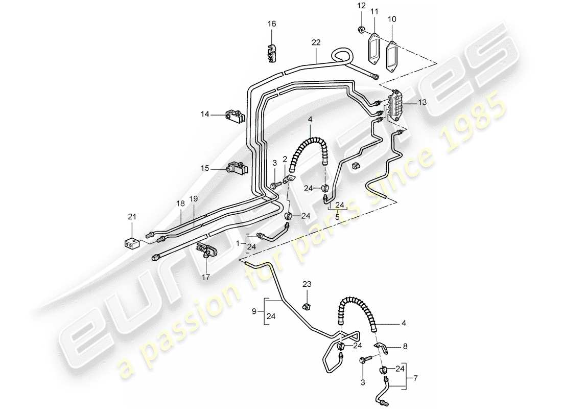 porsche 997 t/gt2 (2009) brake line parts diagram