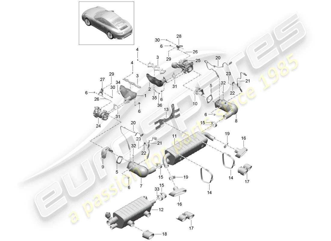 porsche 991 gen. 2 (2019) exhaust system part diagram