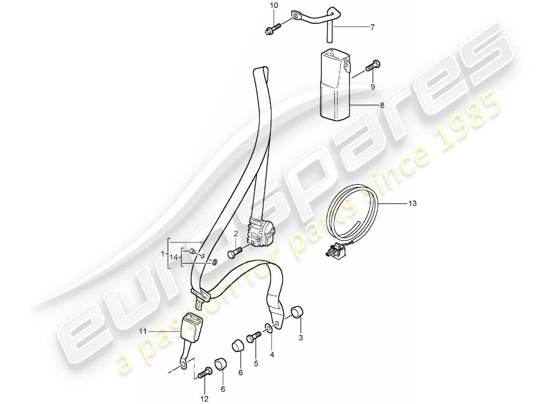 porsche 996 t/gt2 (2005) seat belt parts diagram