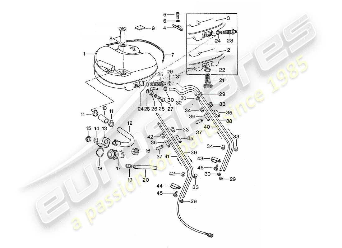 porsche 911 (1974) fuel system - for vehicles with - steel auxiliary support part diagram