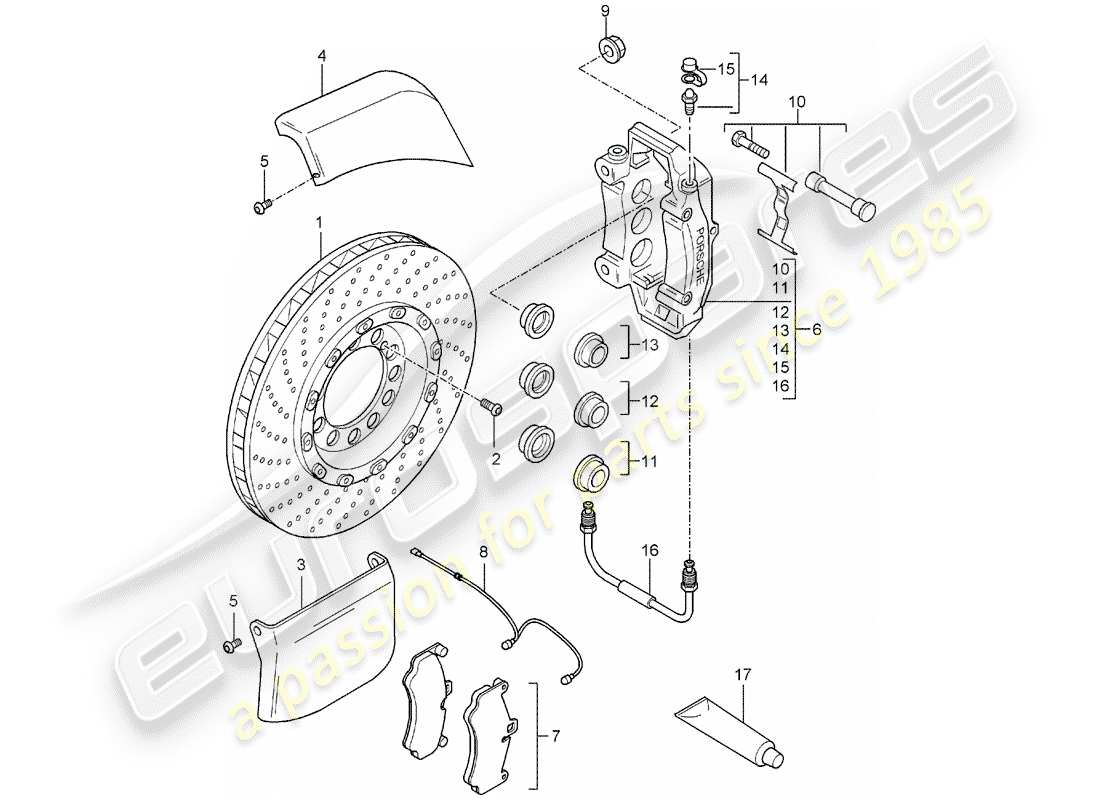 porsche carrera gt (2004) disc brakes - front axle parts diagram