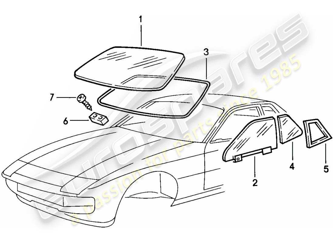 porsche 924 (1976) window glazing parts diagram