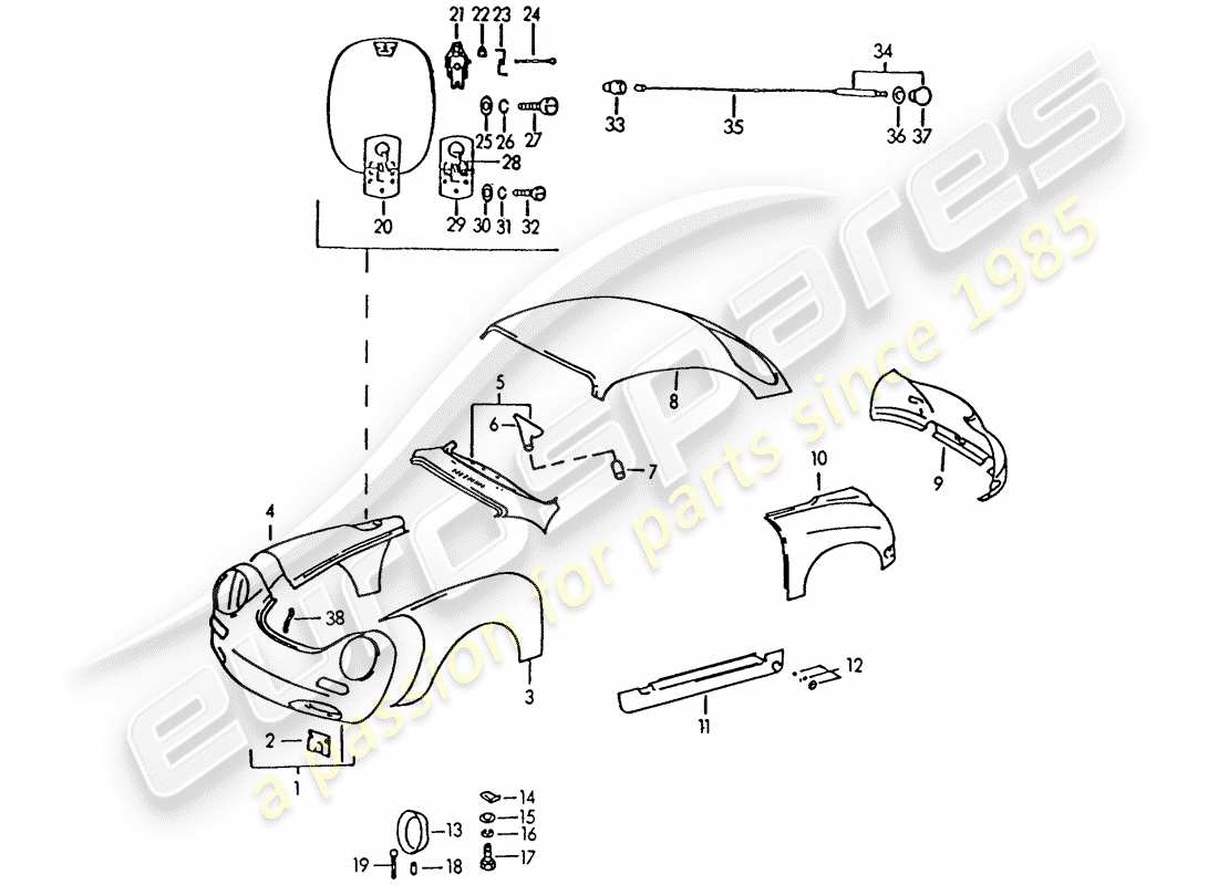 porsche 356b/356c (1960) exterior panelling part diagram