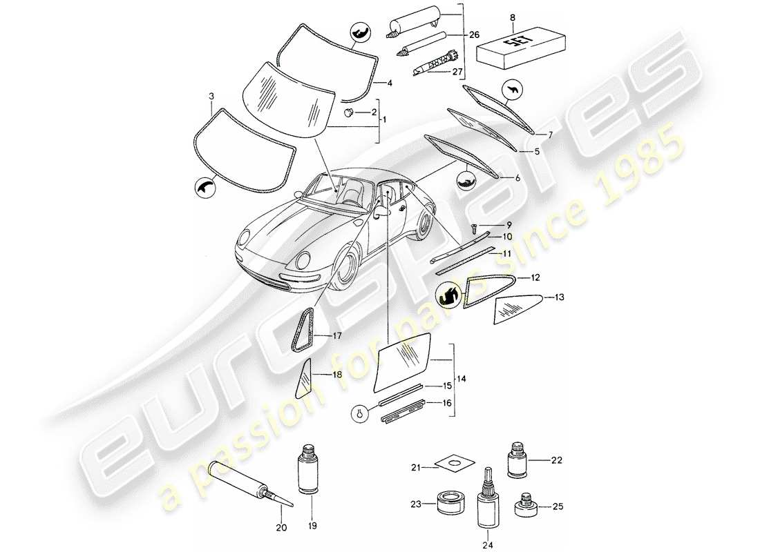 porsche 993 (1996) window glazing part diagram