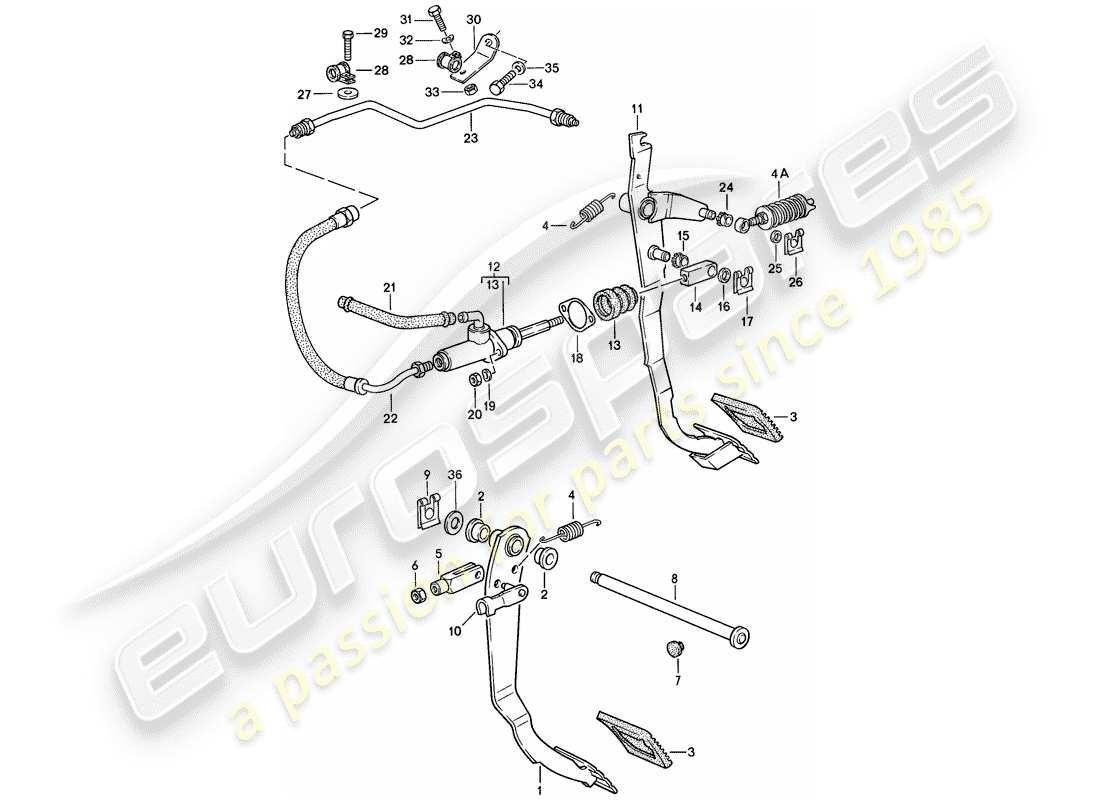 porsche 944 (1988) brake - clutch - pedals parts diagram