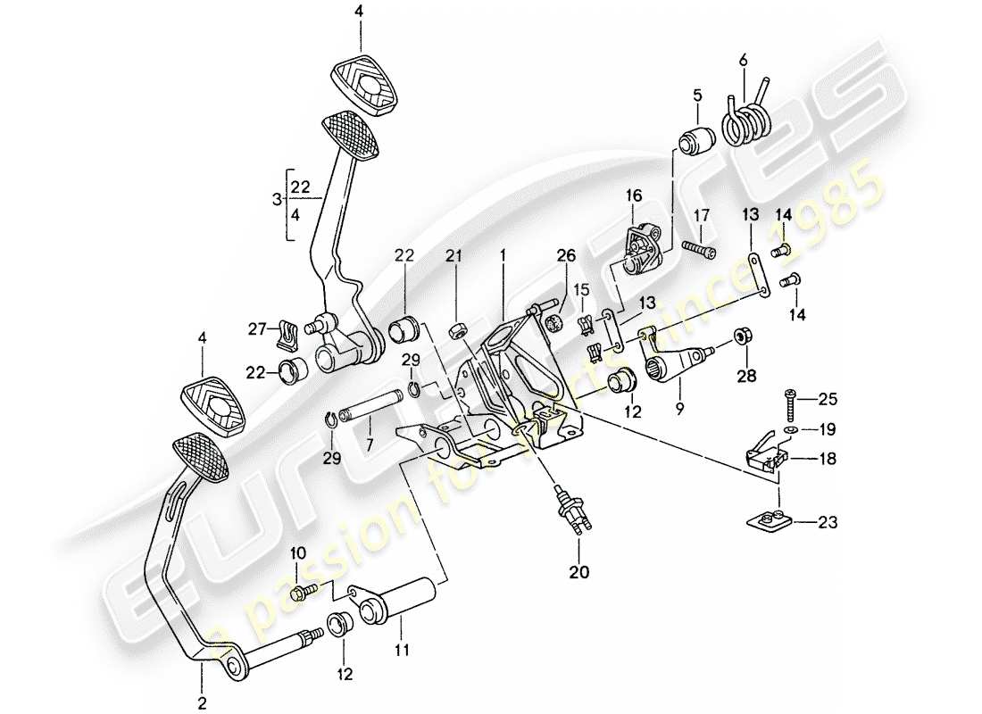 porsche 993 (1998) pedals - manual gearbox part diagram