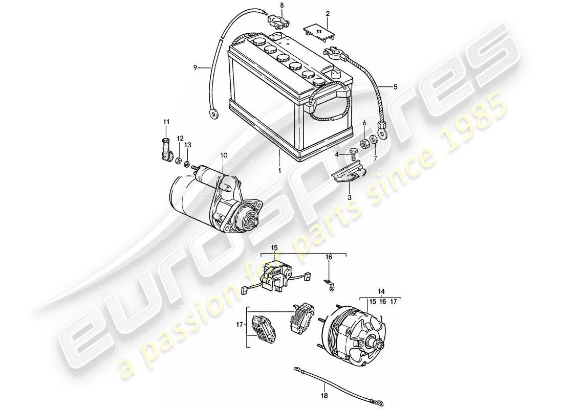 porsche 911 (1984) battery - starter - alternator parts diagram
