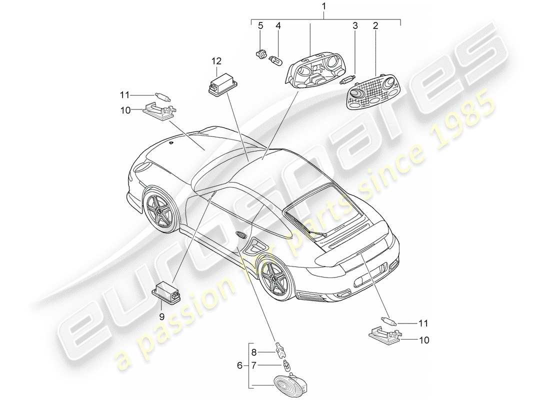 porsche 911 t/gt2rs (2012) interior lights parts diagram