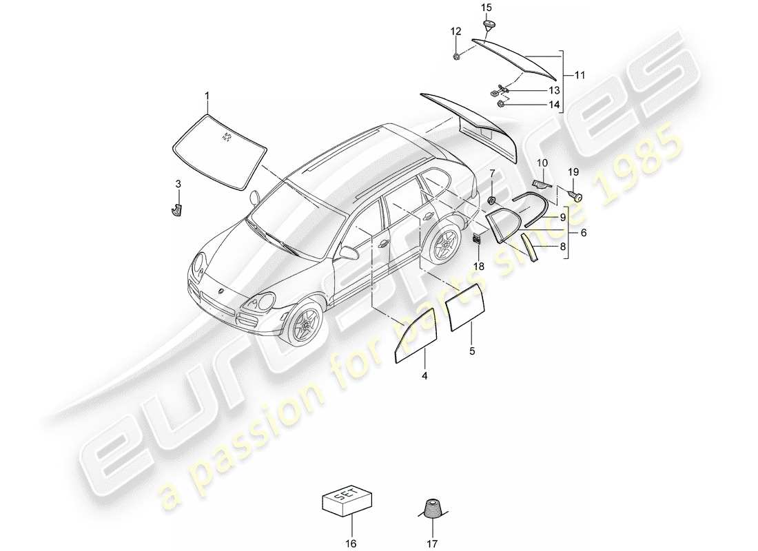 porsche cayenne (2003) windshield glass part diagram