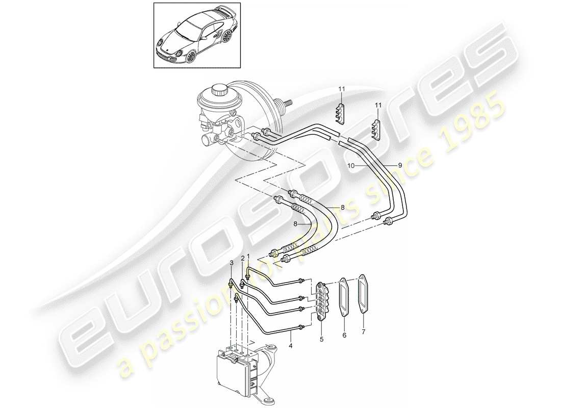 porsche 911 t/gt2rs (2012) brake lines parts diagram